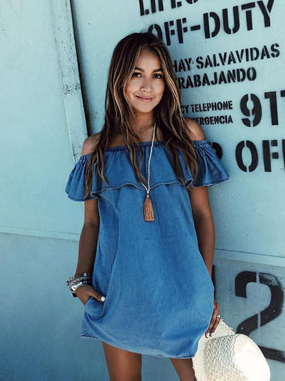 Jeans Off-the-shoulder Falbala Mini Dresses