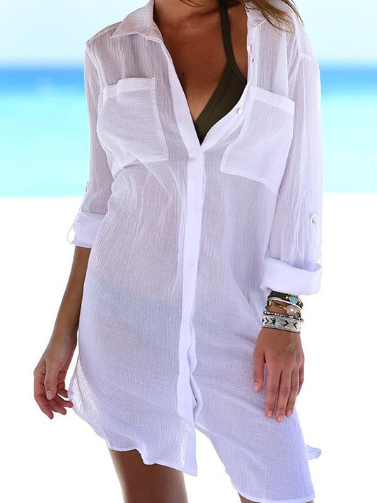 Ruffled Pockets Shirt Beach Cover-ups