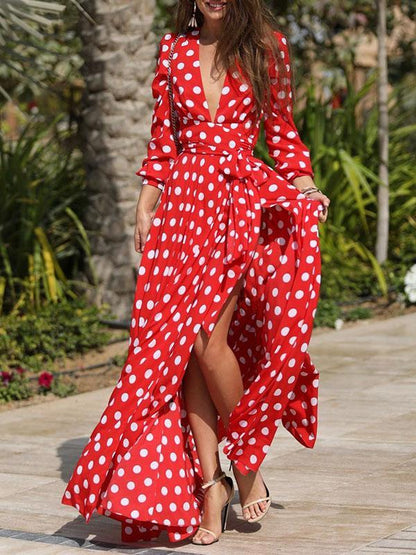 Polka-dot Belted Long Sleeves Maxi Dress
