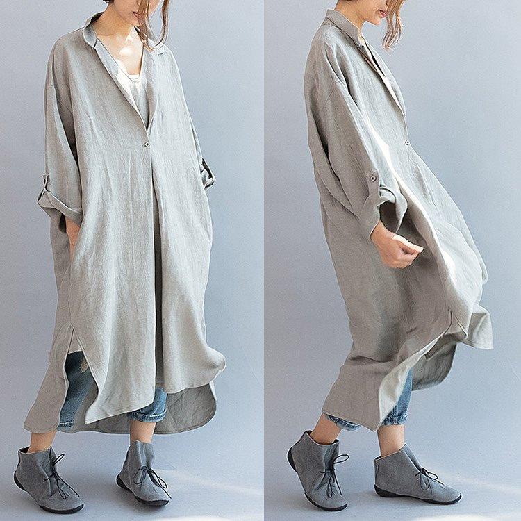 Women cotton linen casual loose fitting summer dress