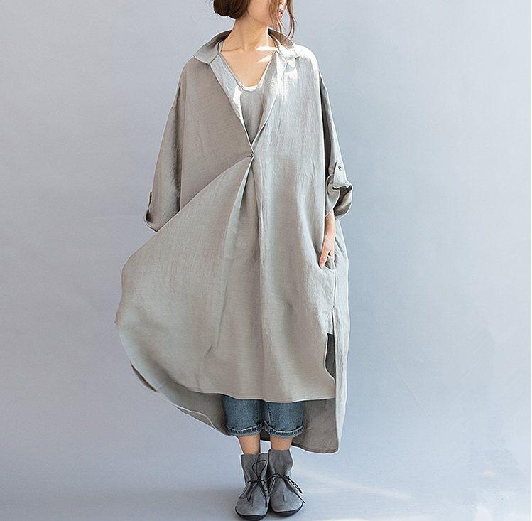 Women cotton linen casual loose fitting summer dress