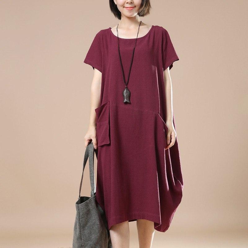 Women Cotton Linen Dress Loose Dress Summer Dress Short Sleeve Dress Large Size Dress