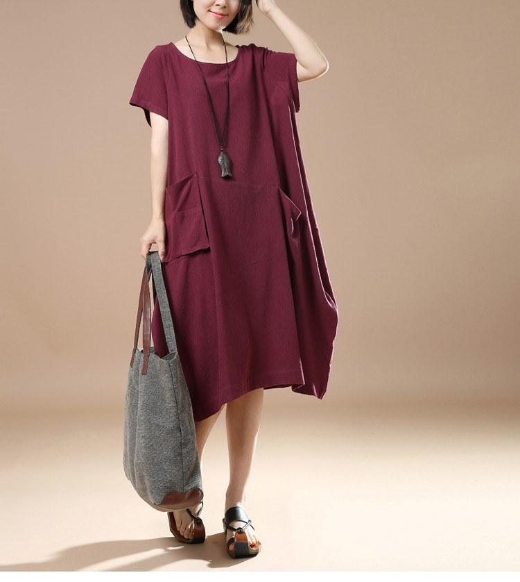 Women Cotton Linen Dress Loose Dress Summer Dress Short Sleeve Dress Large Size Dress