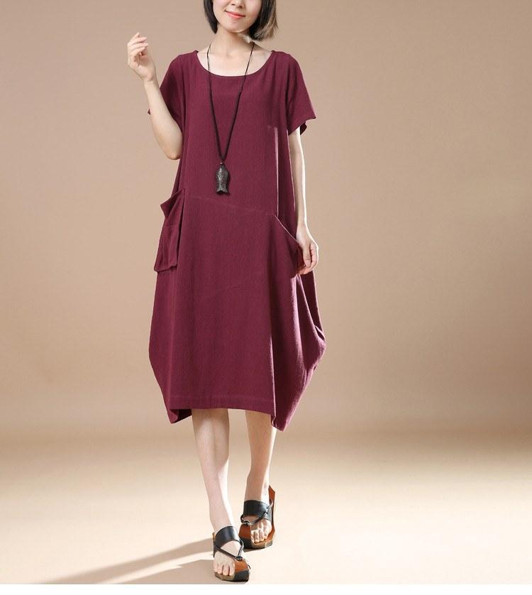 Women Cotton Linen Dress Loose Dress Summer Dress Short Sleeve Dress Large Size Dress