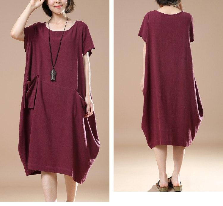 Women Cotton Linen Dress Loose Dress Summer Dress Short Sleeve Dress Large Size Dress