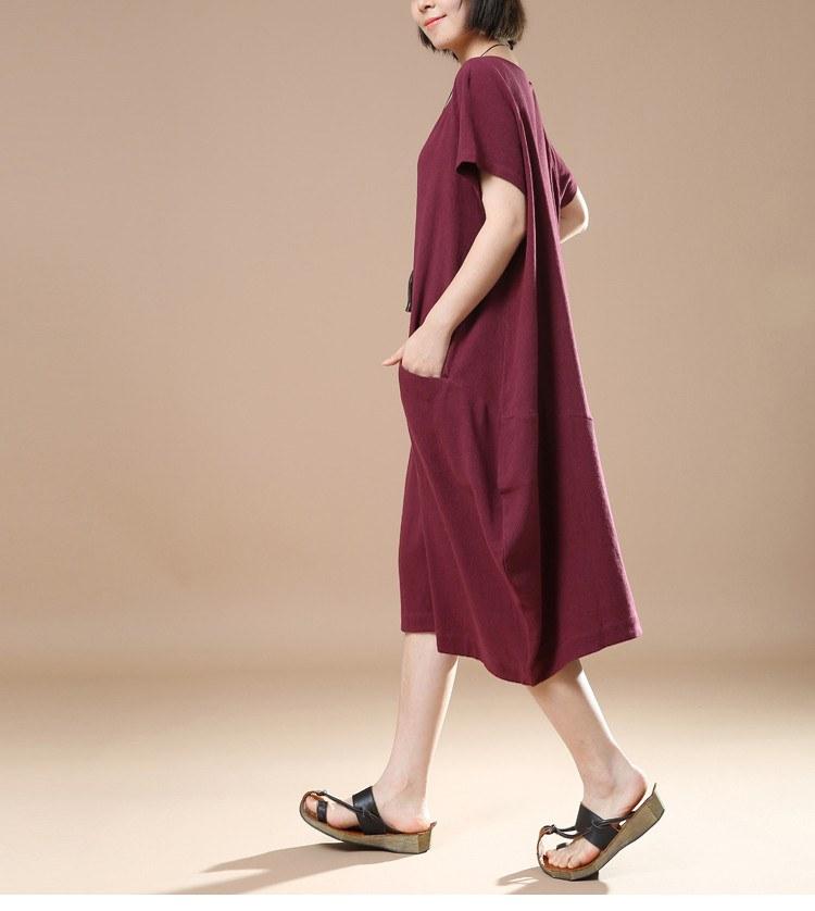 Women Cotton Linen Dress Loose Dress Summer Dress Short Sleeve Dress Large Size Dress