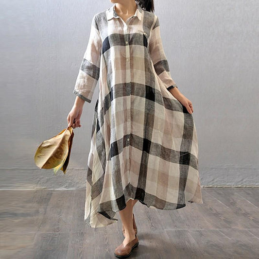 Women cotton linen shirt dress summer 3/4 sleeve