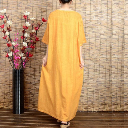 Women summer short sleeve cotton linen dress