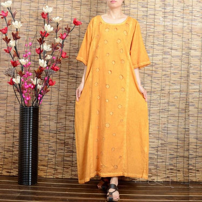 Women summer short sleeve cotton linen dress